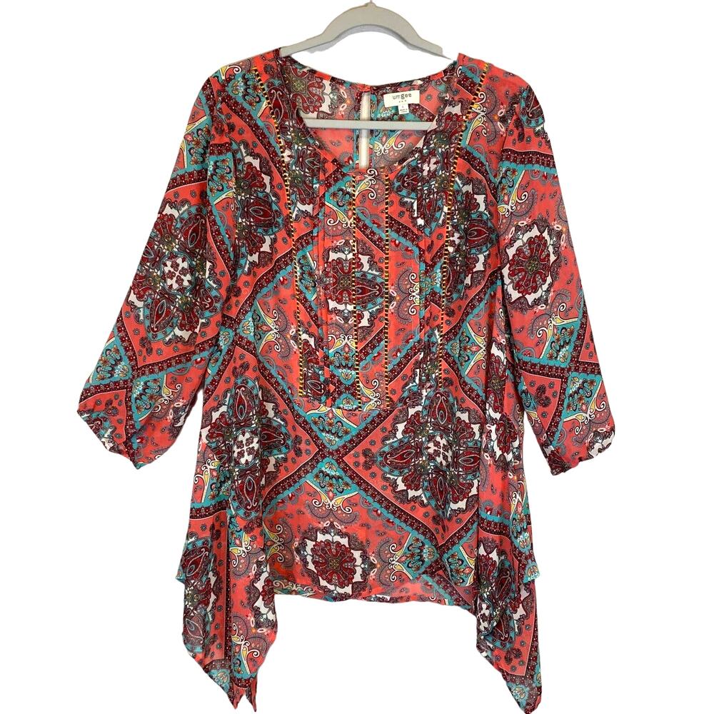 UMGEE Paisley Asymmetrical Tunic Top Women Sz L Pleated Keyhole Back Boho Artsy
